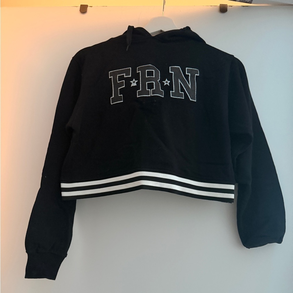 Stylish Black Cropped Hoodie with White Stripes size S